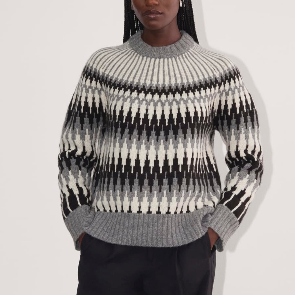 Everlane The Fair Isle 100% Wool Crewneck Black White Scandinavian Sweater XL - Picture 1 of 10